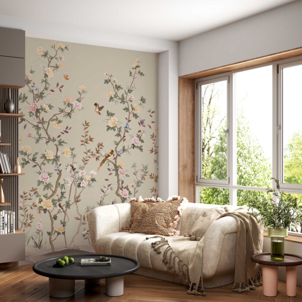 Rose Tree Birds Wallpaper : Beige Chinoiserie Garden Mural - View 3
