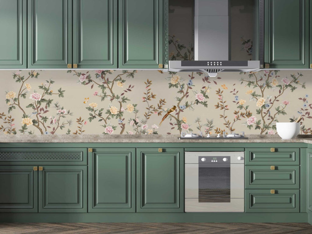 Rose Tree Birds Wallpaper : Beige Chinoiserie Garden Mural - View 4