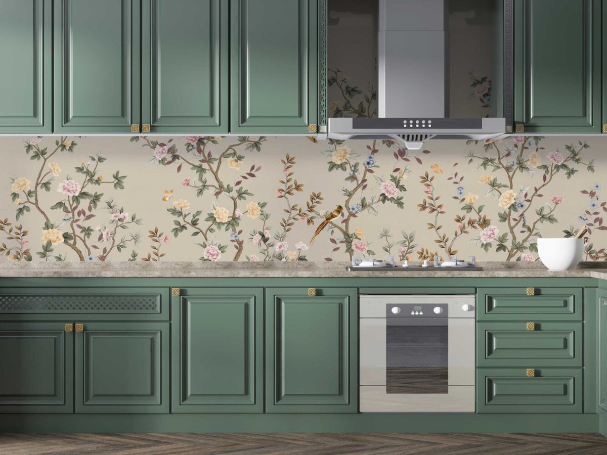 Rose Tree Birds Wallpaper : Beige Chinoiserie Garden Mural - View 4