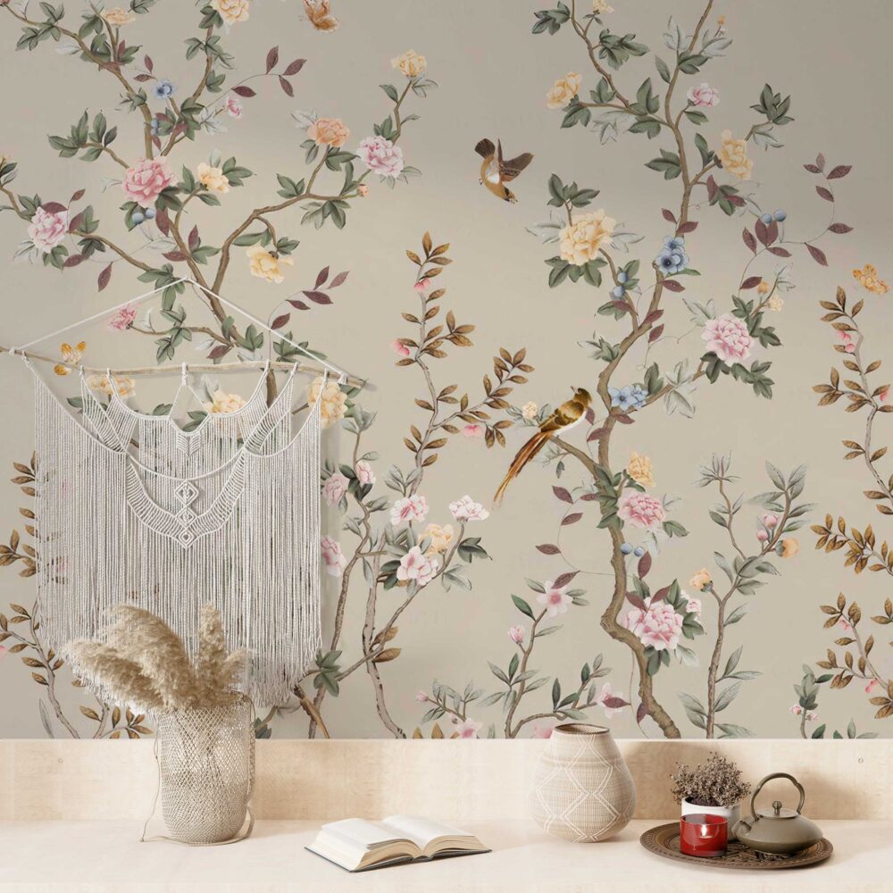 Rose Tree Birds Wallpaper : Beige Chinoiserie Garden Mural