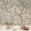 Rose Tree Birds Wallpaper : Beige Chinoiserie Garden Mural
