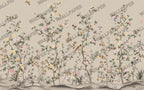 Rose Tree Birds Wallpaper : Beige Chinoiserie Garden Mural - flat design