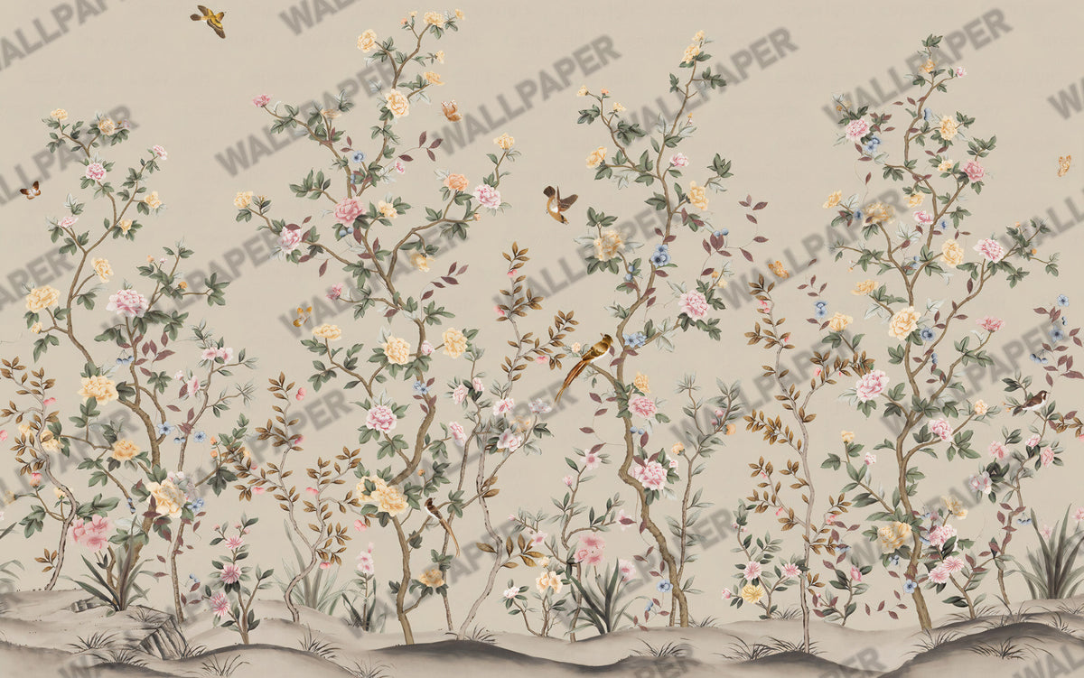 Rose Tree Birds Wallpaper : Beige Chinoiserie Garden Mural - flat design