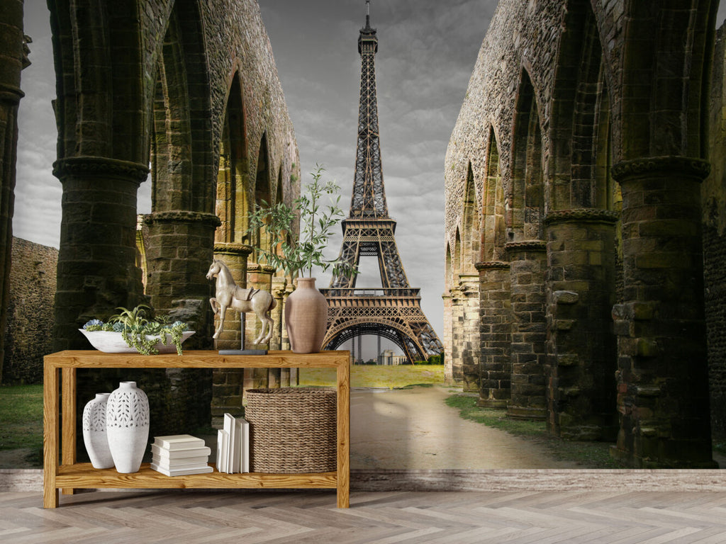 Eiffel Tower Arches Wallpaper : Paris View Through Ruins Mural - View 2