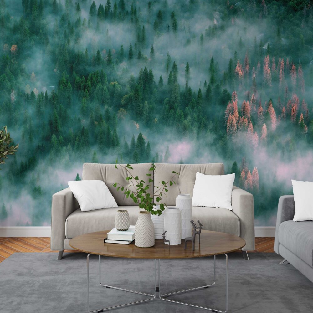 Foggy Pine Forest Wallpaper : Aerial Evergreen Mist Mural - View 6