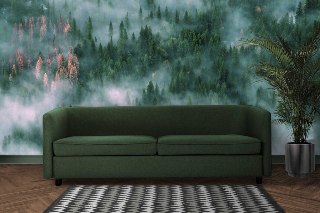 Foggy Pine Forest Wallpaper : Aerial Evergreen Mist Mural - View 5