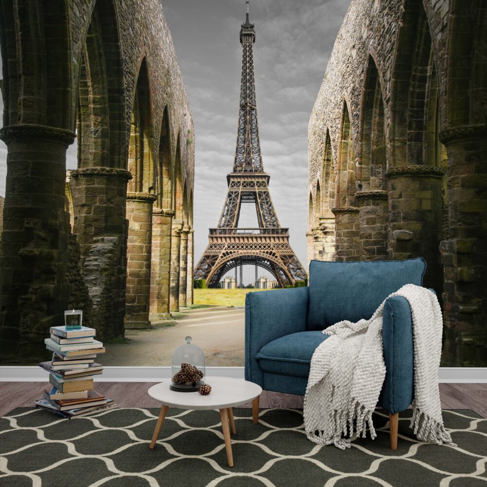Eiffel Tower Arches Wallpaper : Paris View Through Ruins Mural