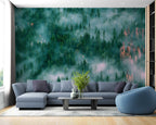 Foggy Pine Forest Wallpaper : Aerial Evergreen Mist Mural - View 4