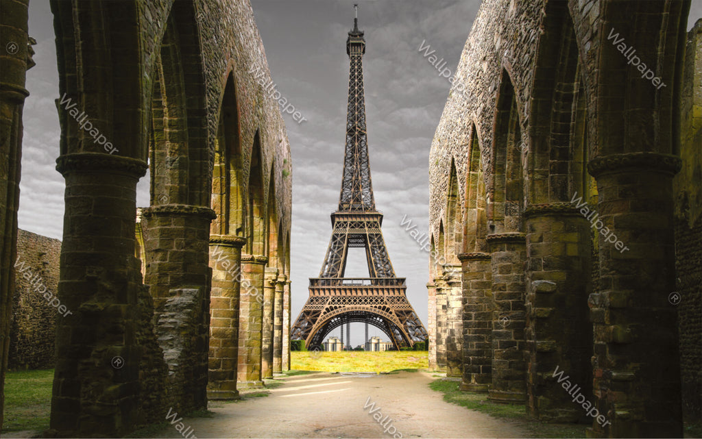 Eiffel Tower Arches Wallpaper : Paris View Through Ruins Mural - flat design