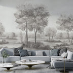 Grey Savanna Tree Wallpaper : Monochrome Acacia Landscape Mural - View 3