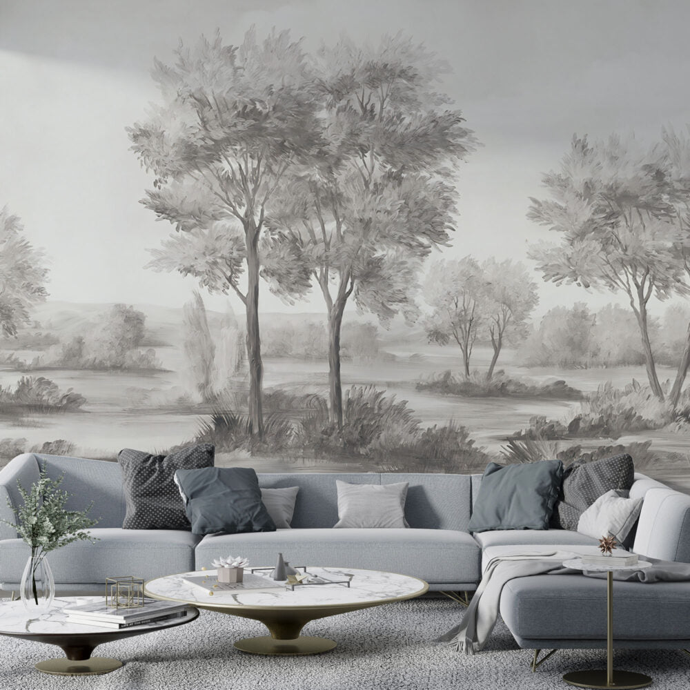 Grey Savanna Tree Wallpaper : Monochrome Acacia Landscape Mural - View 3