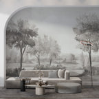 Grey Savanna Tree Wallpaper : Monochrome Acacia Landscape Mural - View 5