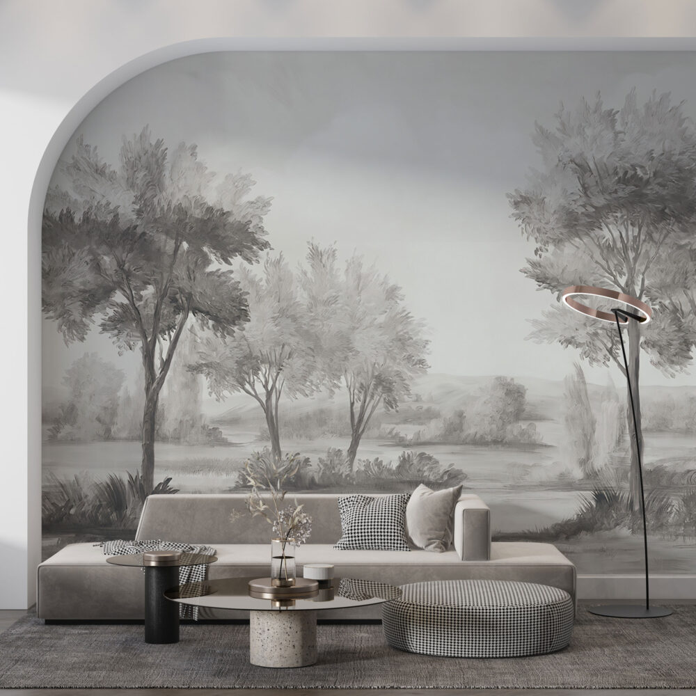 Grey Savanna Tree Wallpaper : Monochrome Acacia Landscape Mural - View 5