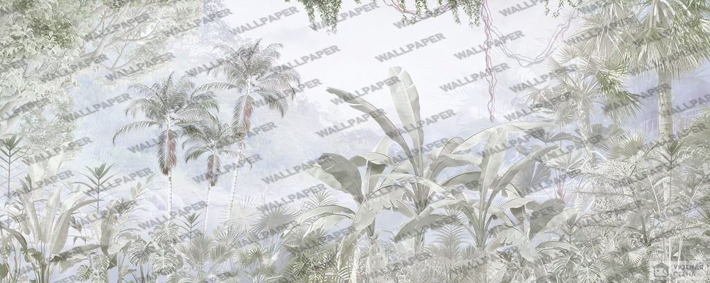 Pale Tropical Forest Wallpaper : Soft Palm Jungle Mural - View 2