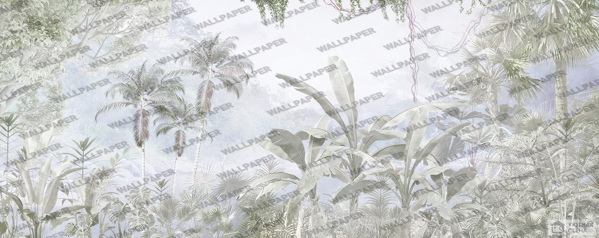 Pale Tropical Forest Wallpaper : Soft Palm Jungle Mural - View 2
