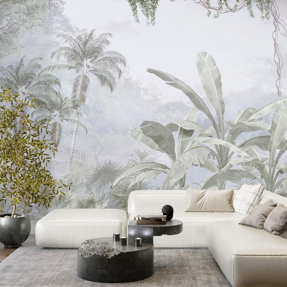 Pale Tropical Forest Wallpaper : Soft Palm Jungle Mural - View 4