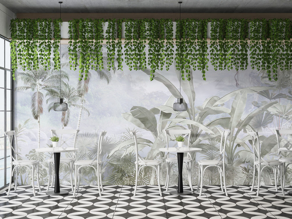 Pale Tropical Forest Wallpaper : Soft Palm Jungle Mural - View 5