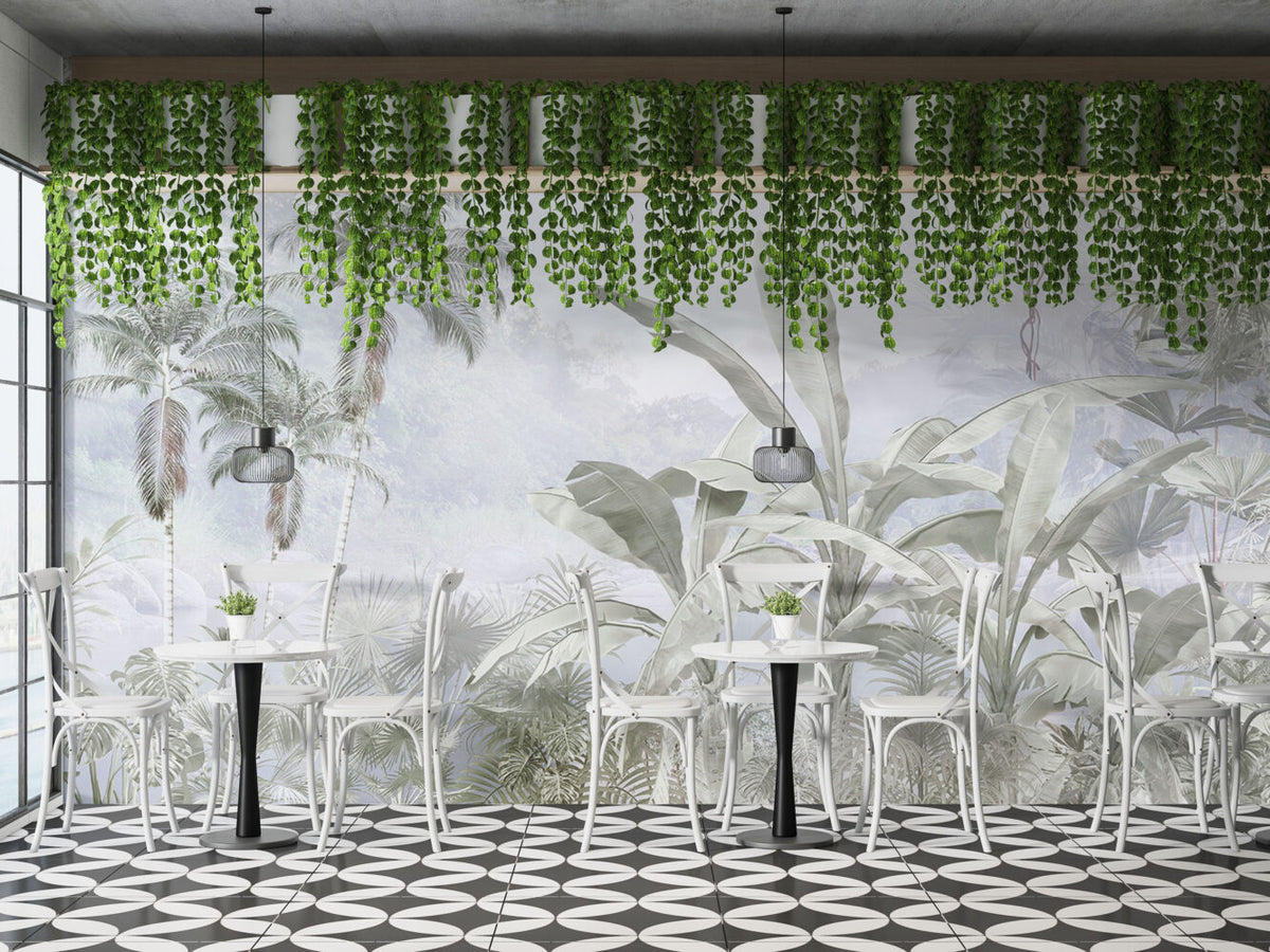 Pale Tropical Forest Wallpaper : Soft Palm Jungle Mural - View 5
