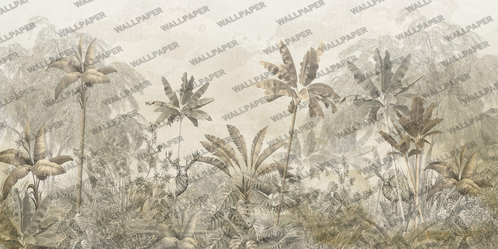 Sepia Jungle Deer Wallpaper : Banana Leaf Tropical Mural - View 2