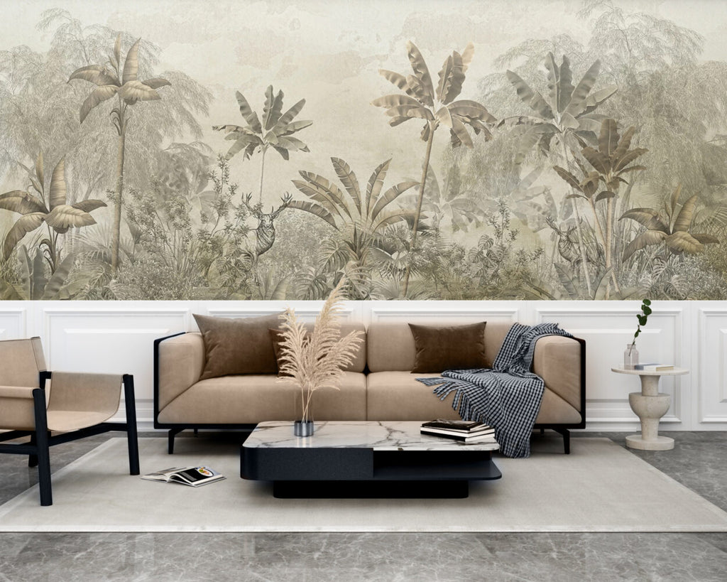 Sepia Jungle Deer Wallpaper : Banana Leaf Tropical Mural - View 3