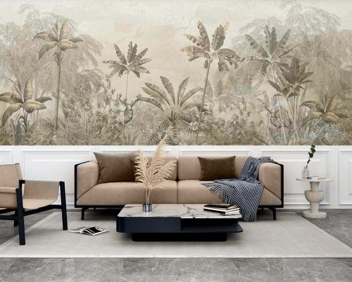 Sepia Jungle Deer Wallpaper : Banana Leaf Tropical Mural - View 3
