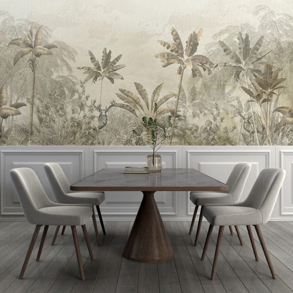 Sepia Jungle Deer Wallpaper : Banana Leaf Tropical Mural - View 5