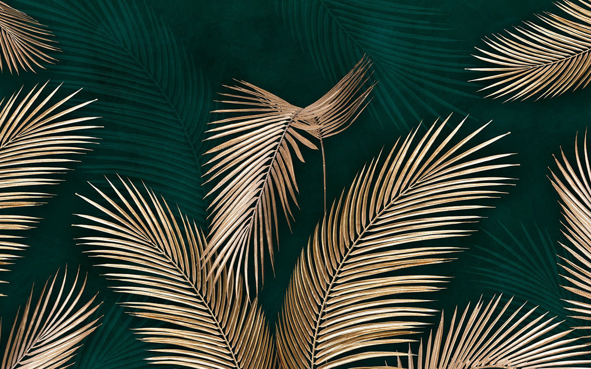 Gold Palm Leaf Wallpaper : Emerald Tropical Fronds Mural - flat design
