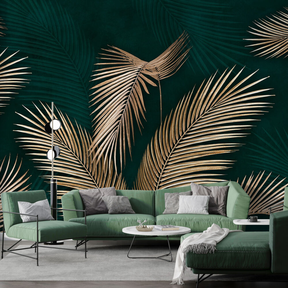 Gold Palm Leaf Wallpaper : Emerald Tropical Fronds Mural - View 2