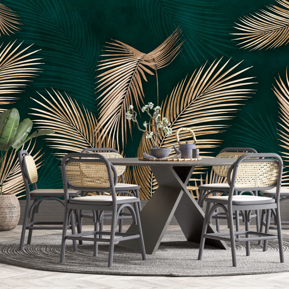 Gold Palm Leaf Wallpaper : Emerald Tropical Fronds Mural - View 3