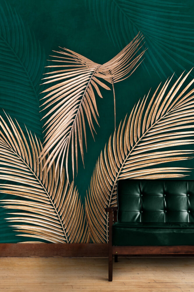 Gold Palm Leaf Wallpaper : Emerald Tropical Fronds Mural
