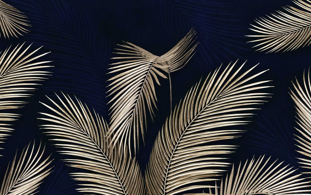 Gold Palm Wallpaper : Navy Tropical Leaves Mural - View 2