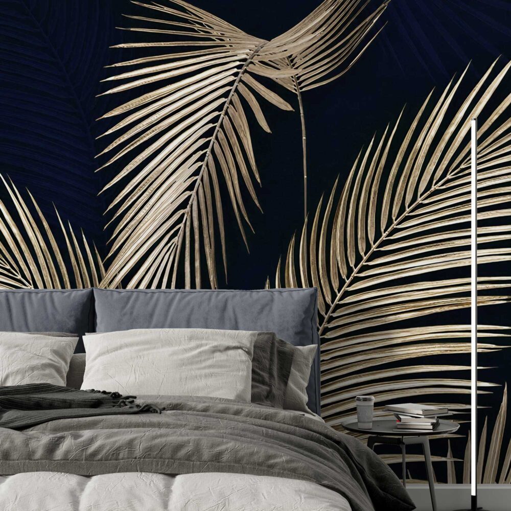 Gold Palm Wallpaper : Navy Tropical Leaves Mural - View 3