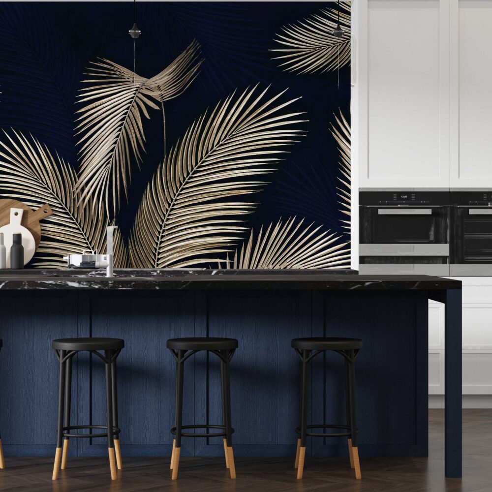 Gold Palm Wallpaper : Navy Tropical Leaves Mural - View 4