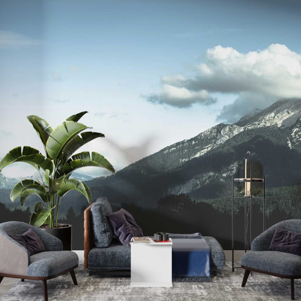 Mountain Forest Wallpaper : Pine Slopes and Clouds Mural - View 3
