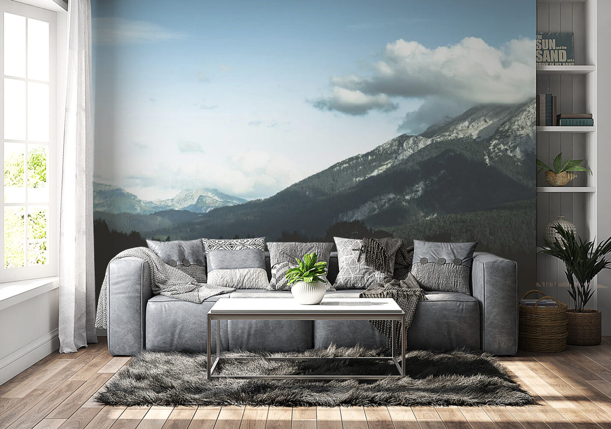 Mountain Forest Wallpaper : Pine Slopes and Clouds Mural - View 5