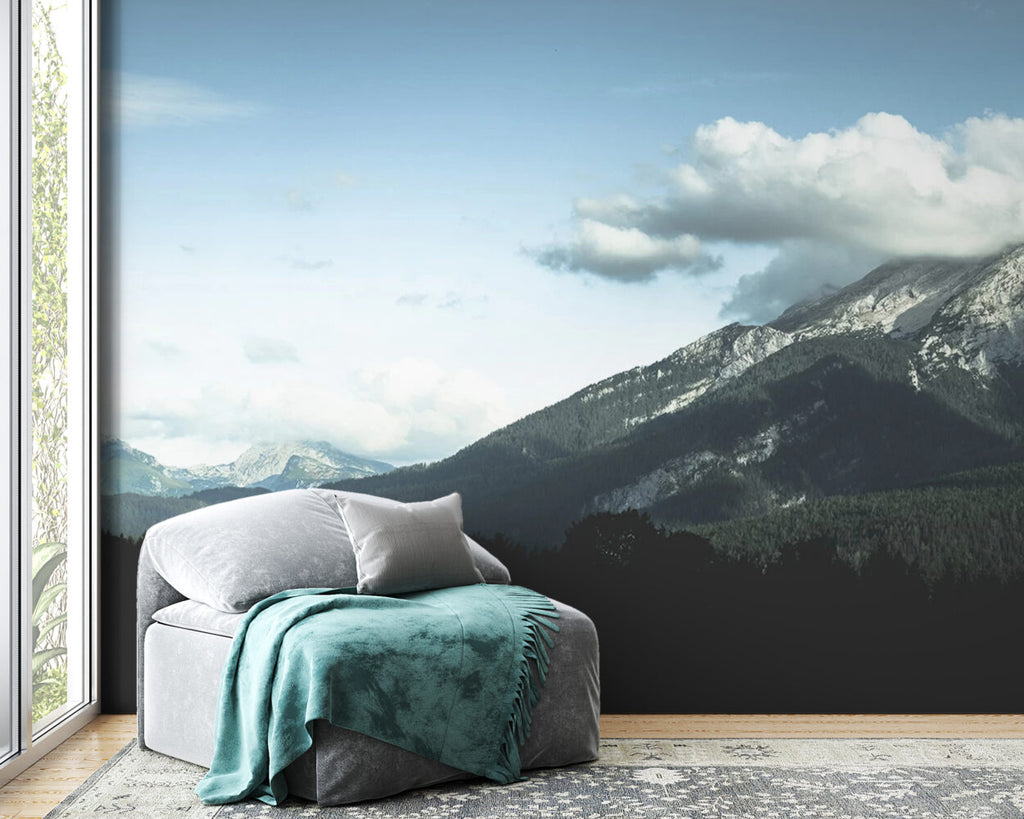 Mountain Forest Wallpaper : Pine Slopes and Clouds Mural