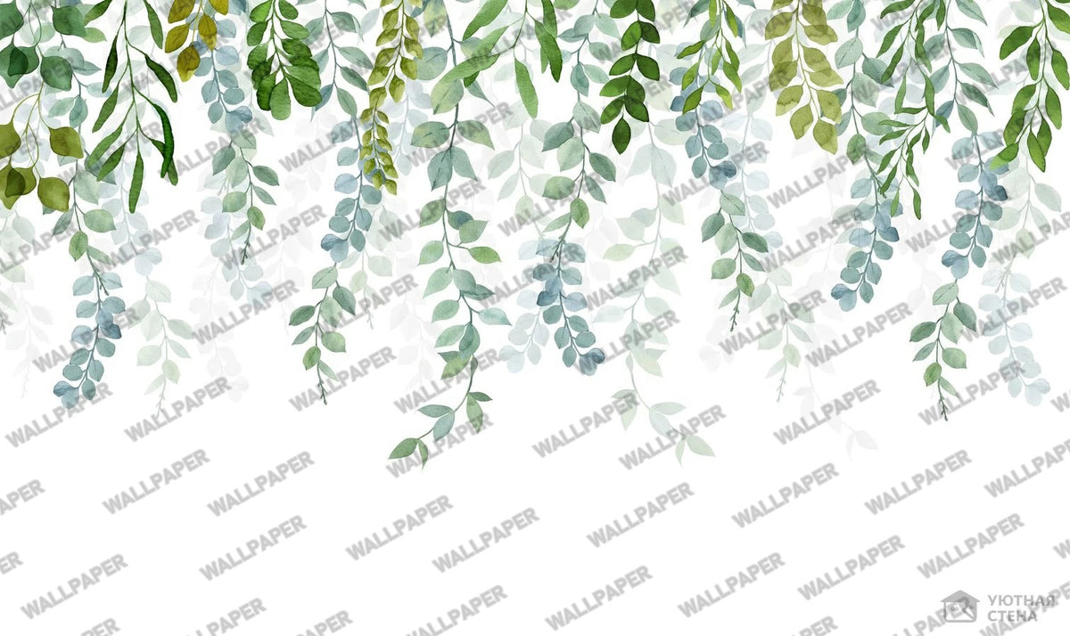 Hanging Eucalyptus Wallpaper : Watercolor Trailing Leaves Mural - View 2