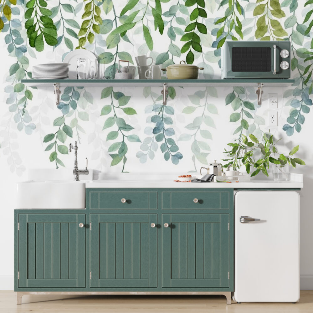 Hanging Eucalyptus Wallpaper : Watercolor Trailing Leaves Mural - View 3