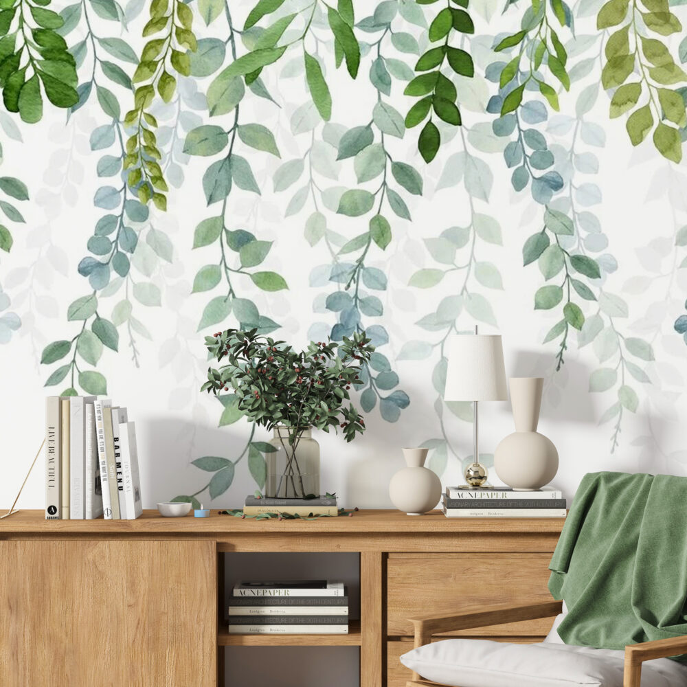 Hanging Eucalyptus Wallpaper : Watercolor Trailing Leaves Mural - View 4