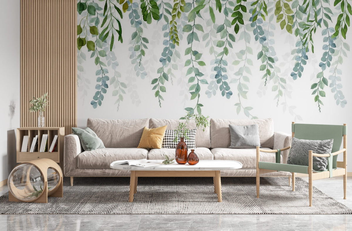 Hanging Eucalyptus Wallpaper : Watercolor Trailing Leaves Mural