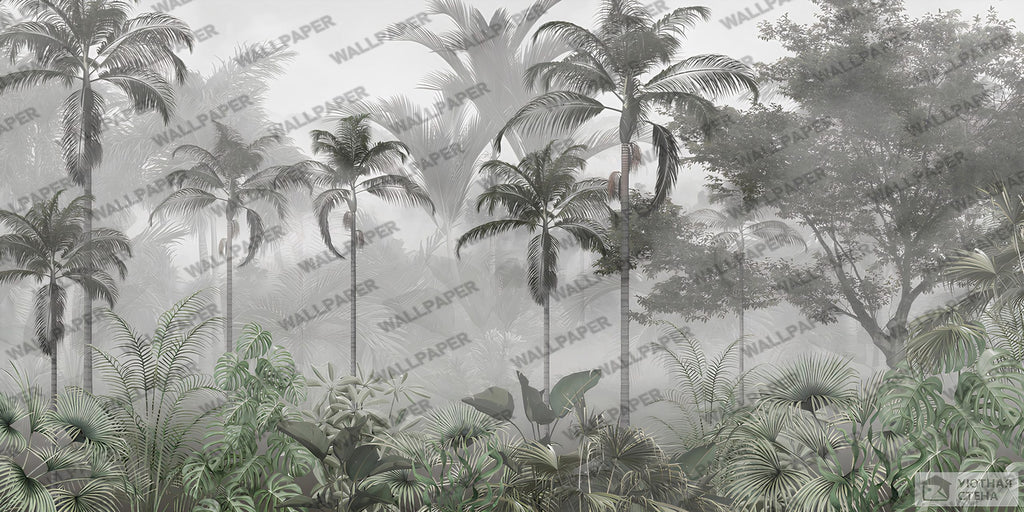 Grey Palm Jungle Wallpaper : Black and White Tropical Mural - flat design