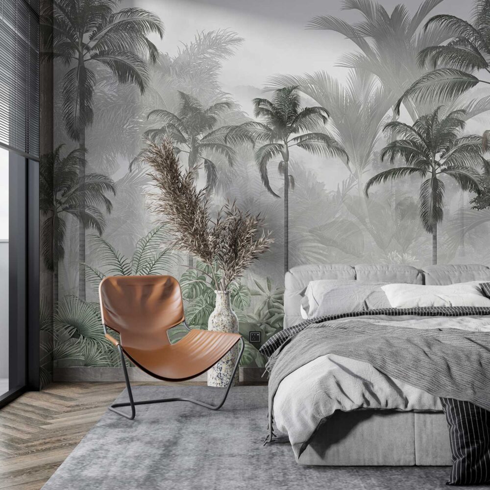 Grey Palm Jungle Wallpaper : Black and White Tropical Mural - View 2
