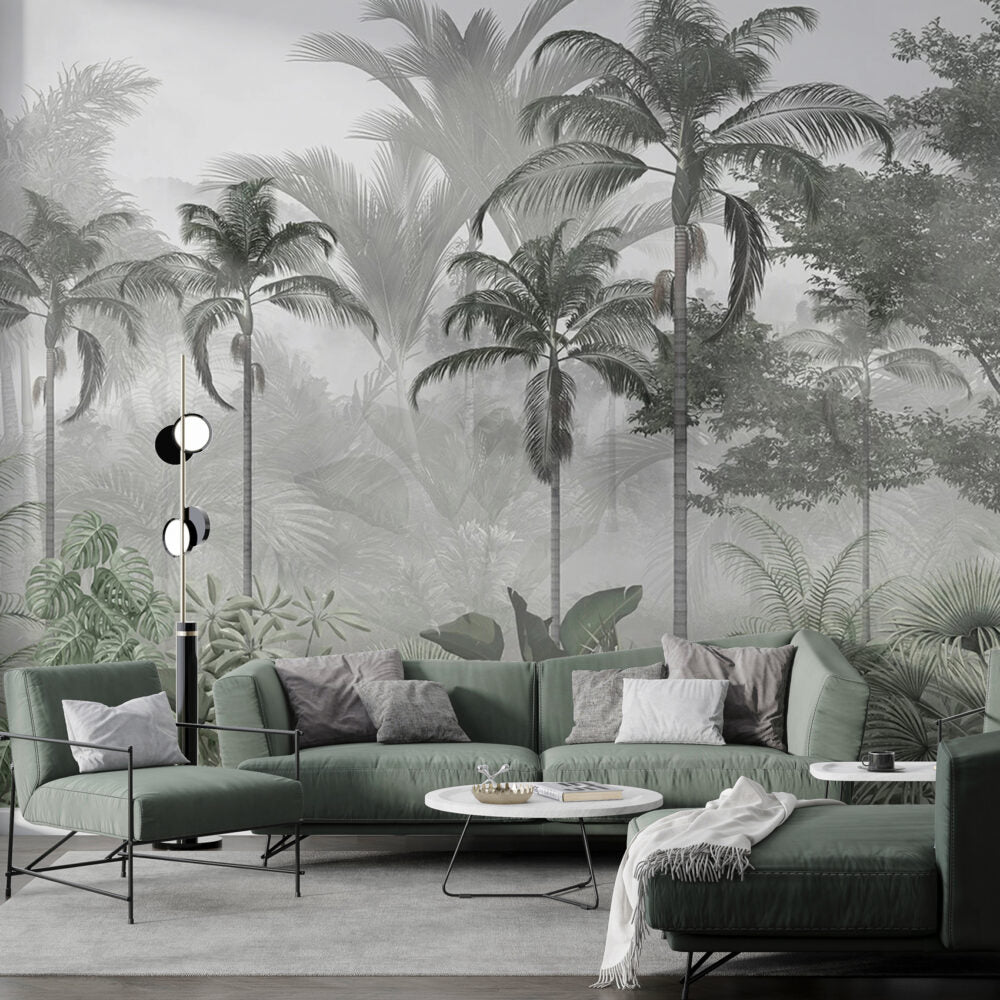 Grey Palm Jungle Wallpaper : Black and White Tropical Mural