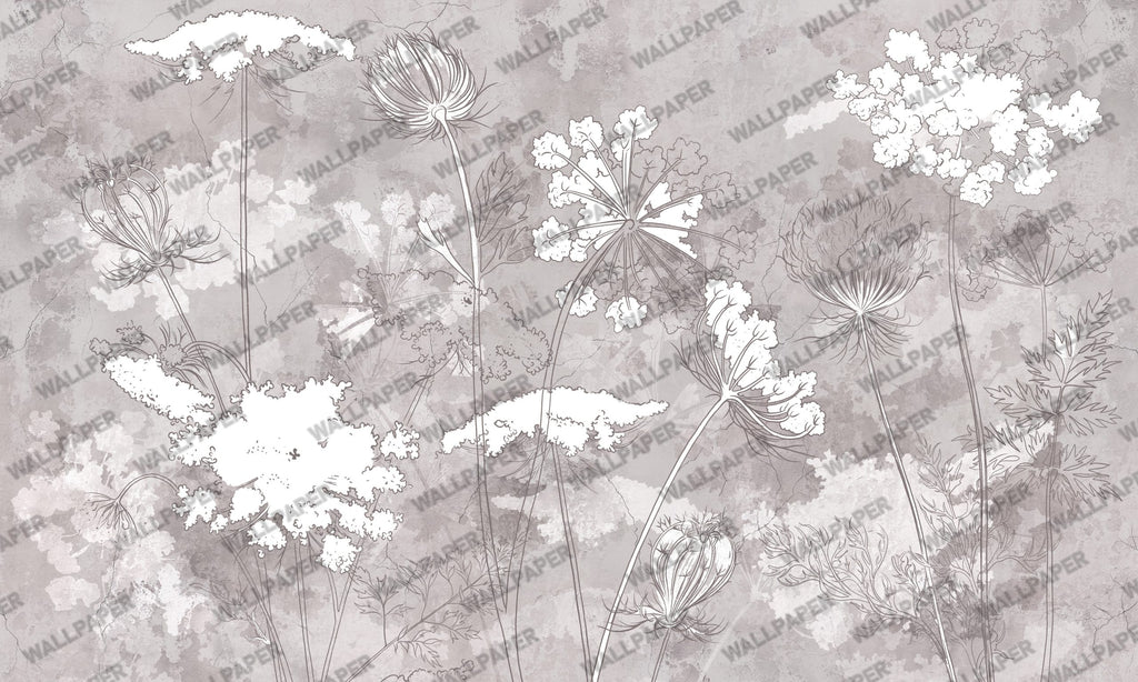 Taupe Wildflower Wallpaper : Line Botanical Mural - View 2