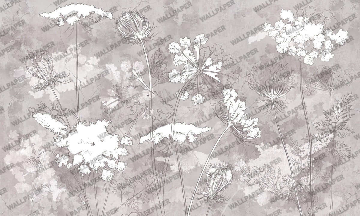 Taupe Wildflower Wallpaper : Line Botanical Mural - View 2