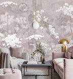 Taupe Wildflower Wallpaper : Line Botanical Mural - View 3