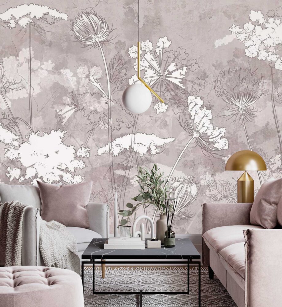 Taupe Wildflower Wallpaper : Line Botanical Mural - View 3