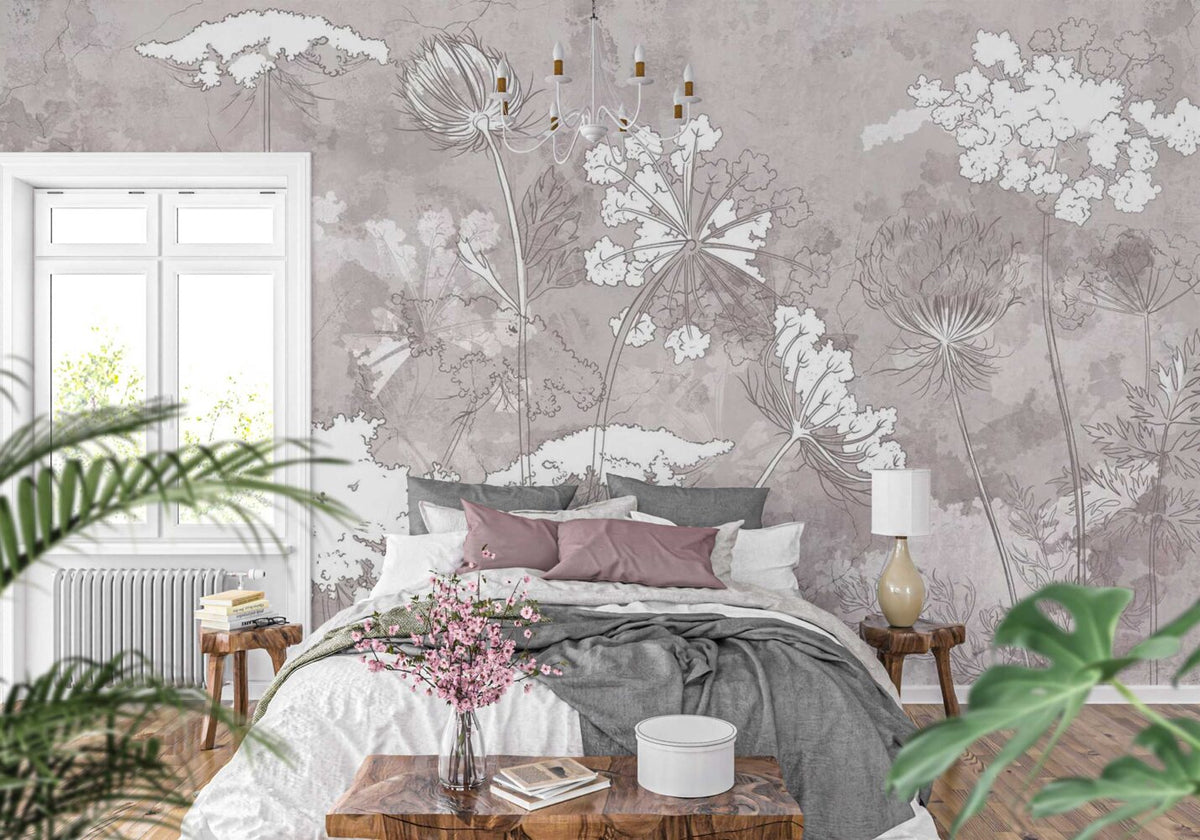 Taupe Wildflower Wallpaper : Line Botanical Mural - View 4