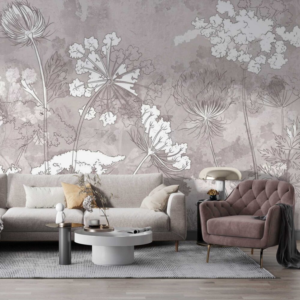 Taupe Wildflower Wallpaper : Line Botanical Mural - View 5