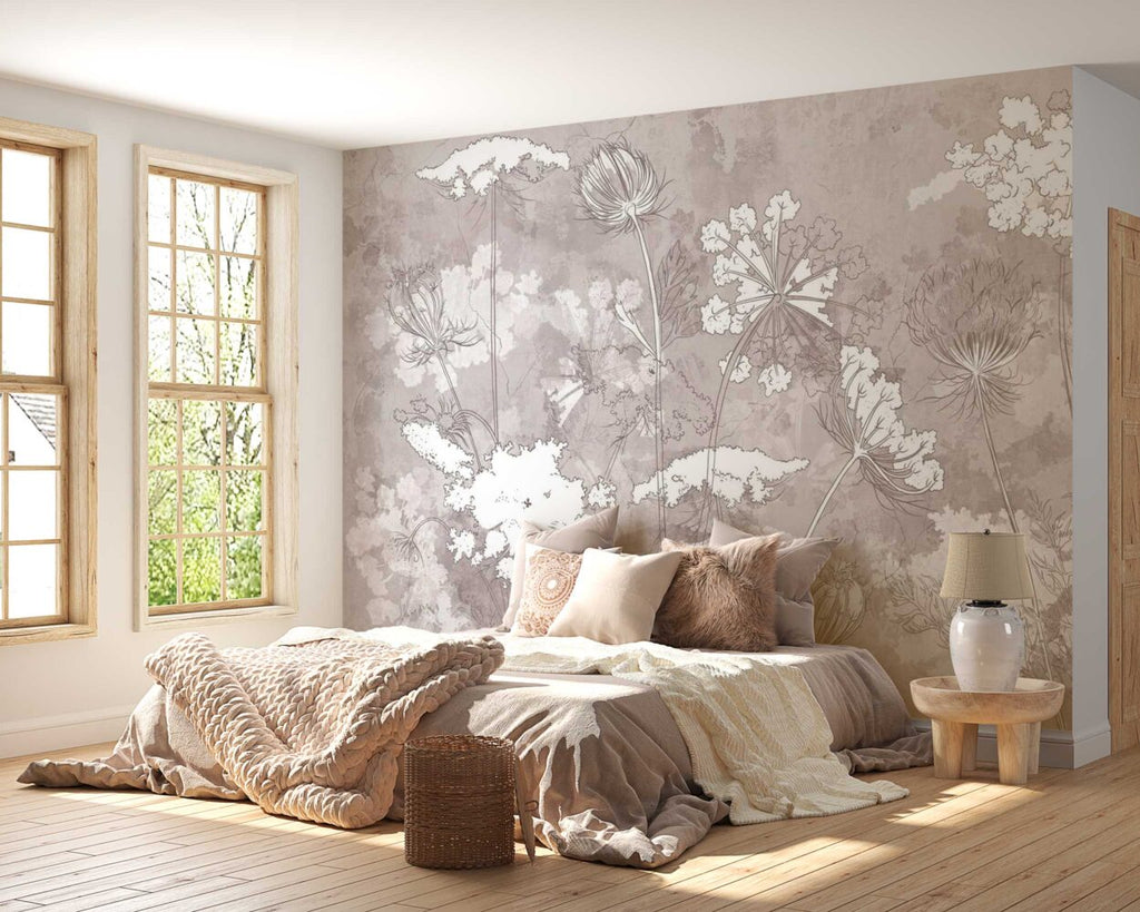 Taupe Wildflower Wallpaper : Line Botanical Mural
